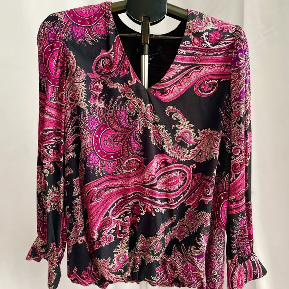 Karen Kane Paisley Balloon Sleeve V-Neck Crepe Blouse - Picture 1 of 8